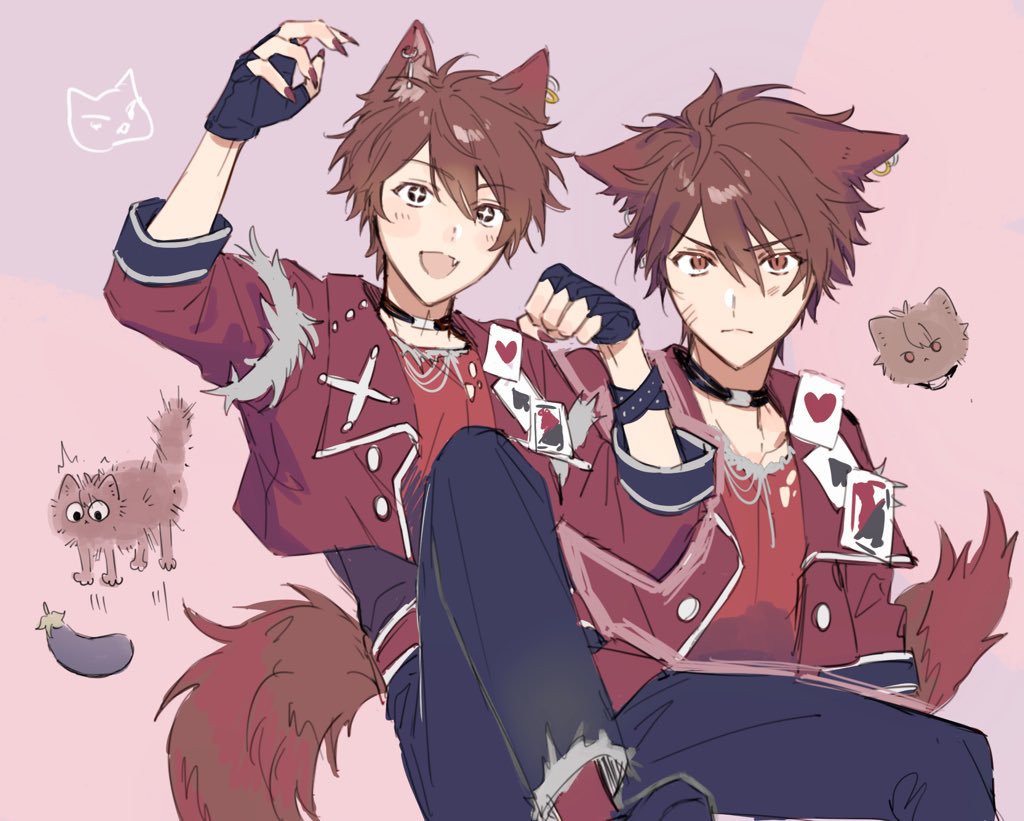 +_+ 1boy animal_ears black_gloves black_pants brown_eyes brown_hair card cat cat_boy cat_ears cat_tail choker closed_mouth eggplant ensemble_stars! fang fingerless_gloves fingernails gloves heart jacket long_fingernails long_sleeves male_focus mango_(naihowda) morisawa_chiaki official_alternate_costume open_clothes open_jacket open_mouth pants paw_pose playing_card red_shirt shirt short_hair spade_(shape) surprised tail