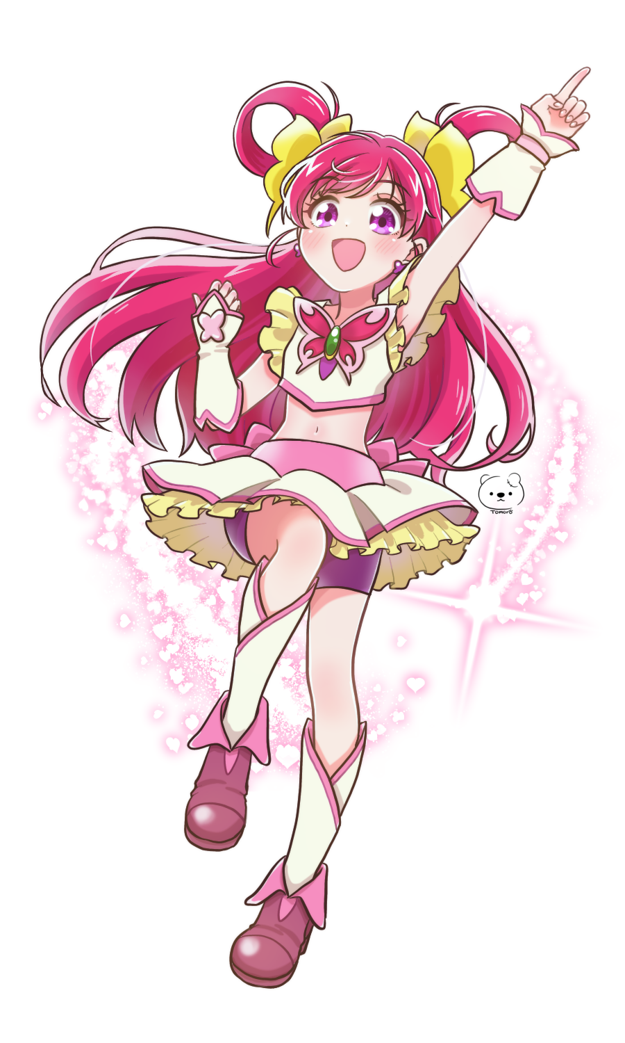 1girl arm_warmers artist_logo artist_name bike_shorts bike_shorts_under_shorts blush boots bow butterfly_brooch butterfly_earrings crop_top cure_dream earrings hair_bow hair_rings highres jewelry kneehighs logo long_hair magical_girl midriff moro_precure navel open_mouth pink_boots pink_eyes pink_hair pink_shorts precure shirt shorts skirt smile socks solo white_background yellow_bow yellow_shirt yellow_skirt yellow_socks yes!_precure_5 yumehara_nozomi