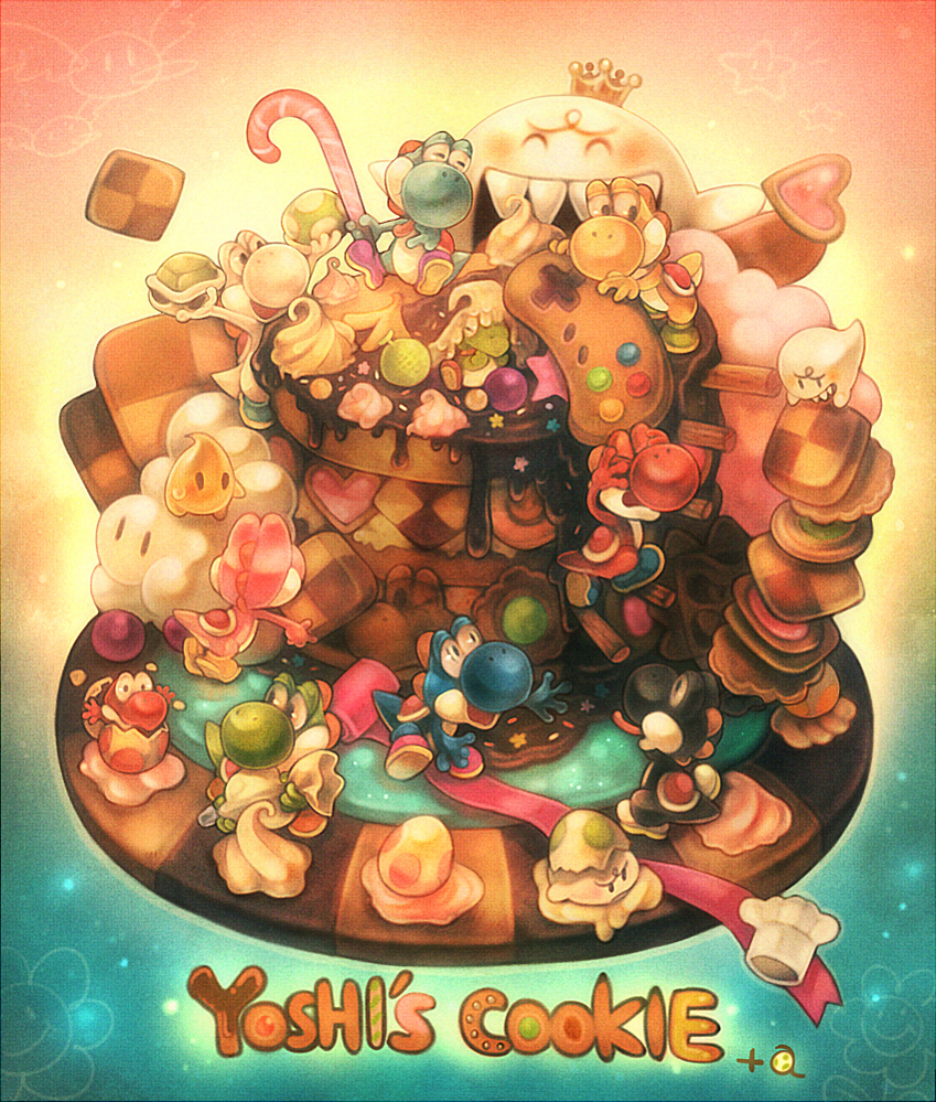alternate_color baby_yoshi banana black_yoshi blue_yoshi boo_(mario) cantaloupe checkerboard_cookie chef_hat cookie crown egg food food_focus fruit game_console goonie hat icing king_boo light_blue_yoshi luma_(mario) mario_(series) melon nintendo no_humans pastry_bag pink_yoshi red_yoshi ribbon sprinkles star_(symbol) sui_(petit_comet) super_famicom thumbprint_cookie thwomp white_yoshi yellow_yoshi yoshi yoshi&#039;s_cookie