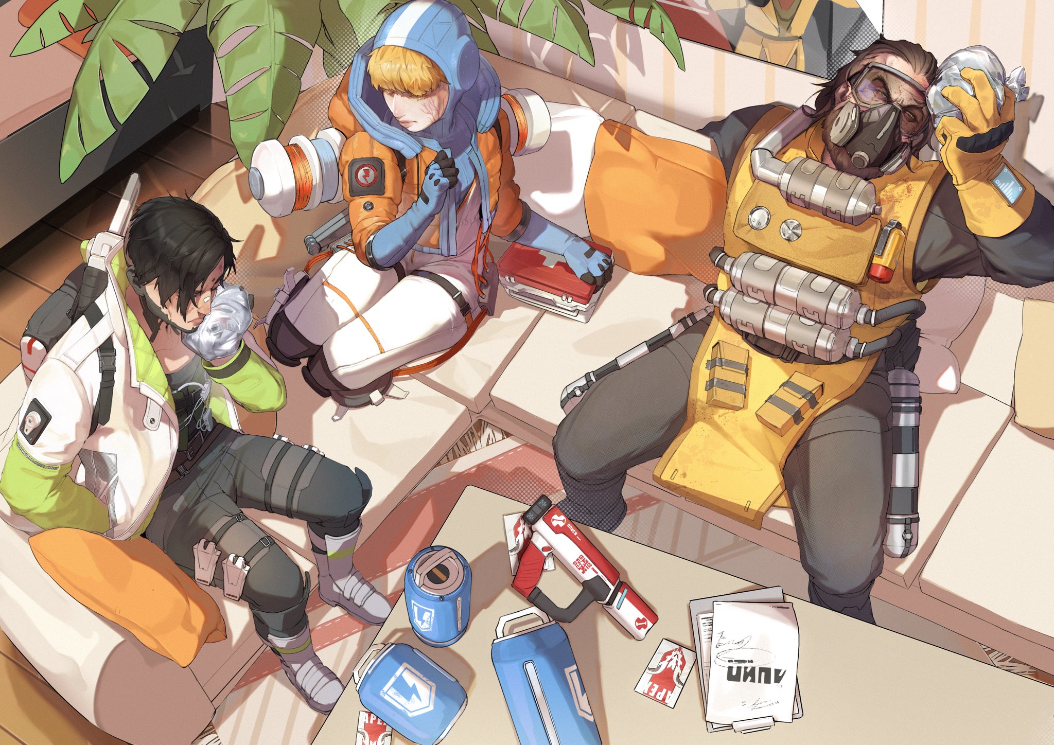 1girl 2boys apex_legends battery beard black_hair black_pants black_shirt blonde_hair blue_bodysuit blue_gloves bodysuit bohe-menthe brown_hair cable caustic_(apex_legends) chinese_commentary covered_collarbone crypto_(apex_legends) facial_hair facial_scar first_aid from_above gas_mask gloves goggles green_eyes green_vest hair_slicked_back hazmat_suit highres ice_pack looking_up mask multiple_boys pants plant poster_(object) ribbed_bodysuit scar scar_on_cheek scar_on_face shirt sitting v-shaped_eyebrows vest wattson_(apex_legends) white_bodysuit white_shirt yellow_gloves