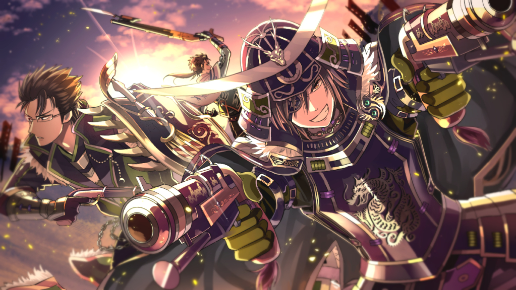 armor bayonet brown_eyes brown_hair cloud date_masamune eyepatch glasses grin gun handgun helmet kajiwara_io katakura_kojuurou male_focus pistol rifle saika_magoichi sengoku_musou sky smile sun swept_bangs weapon