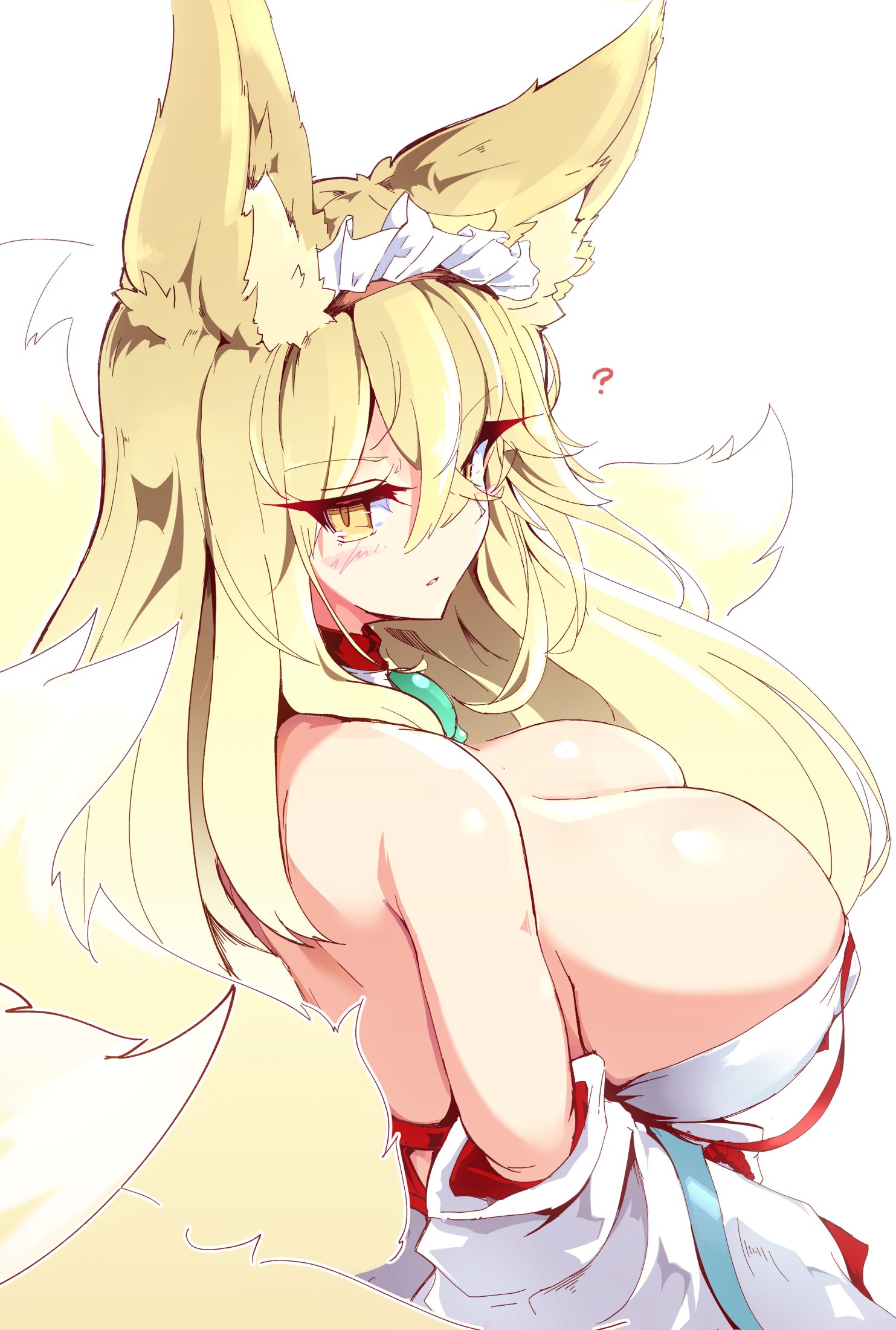 1girl ? animal_ear_fluff animal_ears back blonde_hair blush breasts cleavage covered_erect_nipples detached_collar detached_sleeves fox_ears fox_girl fox_tail highres hirume_of_heavenly_incense huge_breasts last_origin leqz5945 long_hair looking_at_viewer looking_to_the_side magatama maid_headdress multiple_tails slit_pupils solo tail white_background yellow_eyes