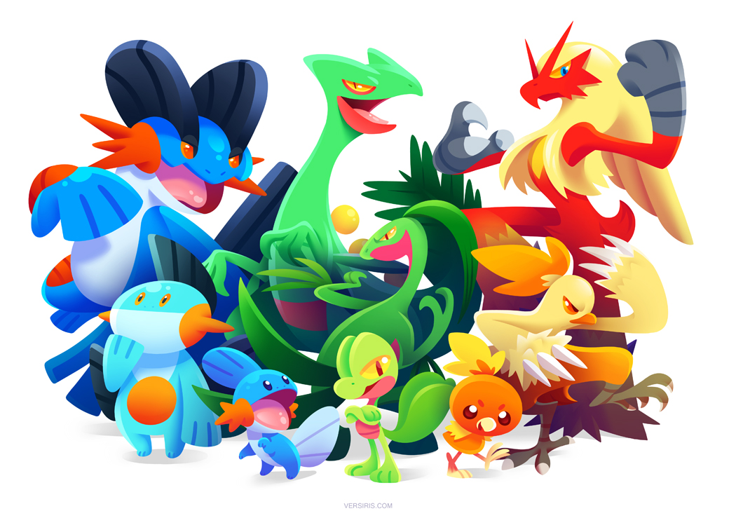 animal_focus blaziken blue_eyes claws colored_sclera combusken creatures_(company) crossed_arms evolutionary_line fighting_stance full_body game_freak gen_3_pokemon grovyle marshtomp mudkip nintendo no_humans open_mouth pokemon pokemon_(creature) red_eyes sceptile simple_background standing starter_pokemon_trio swampert torchic treecko versiris white_background yellow_sclera