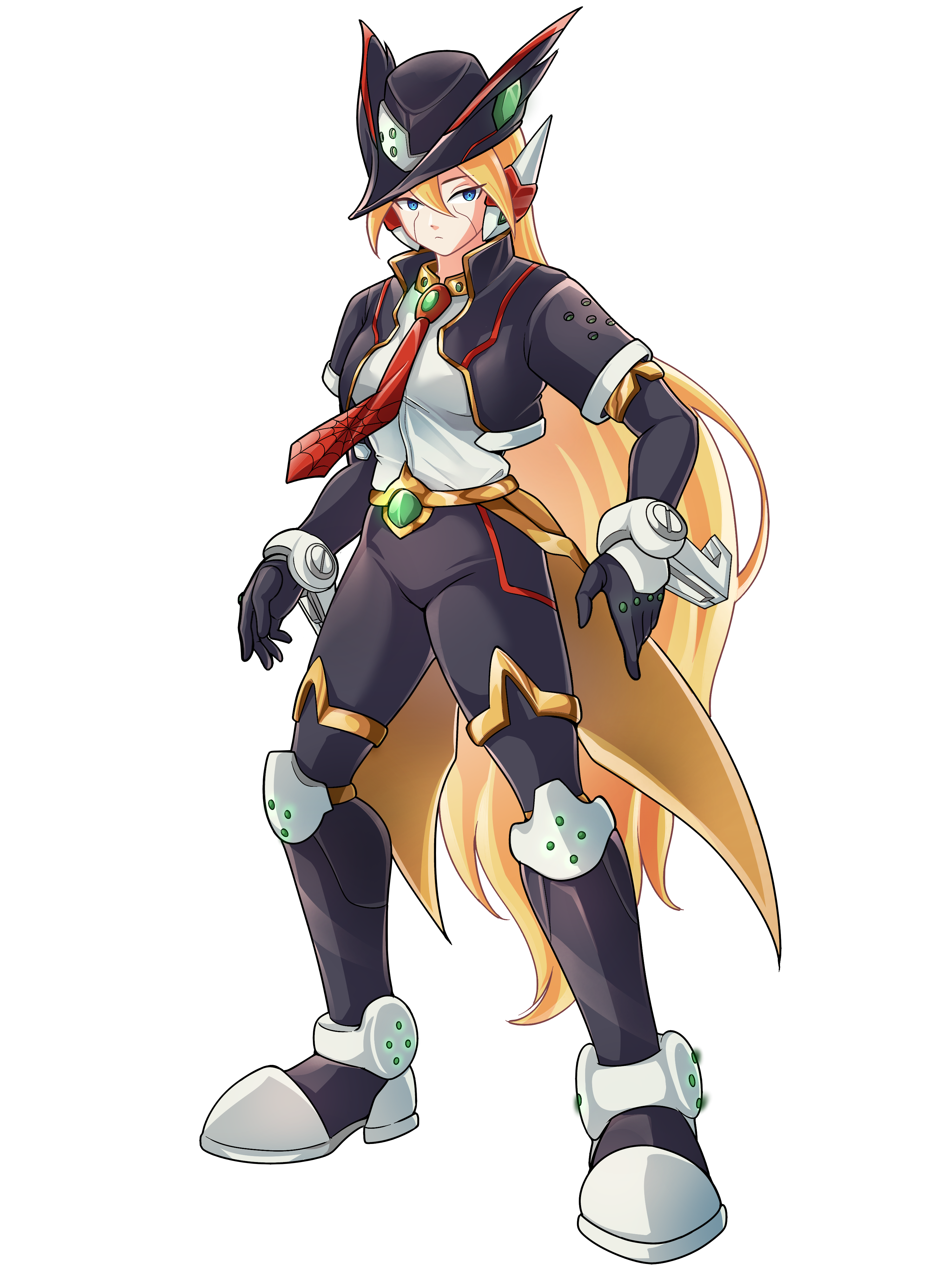 1girl absurdres alternate_costume alternate_hairstyle belt biometal blonde_hair blouse blue_eyes bodystocking boots breasts ciel_(mega_man) coattails collared_shirt commission commissioner_upload cropped_jacket elbow_gloves eyelashes full_body gauntlets gloves hat highres jacket knee_armor long_bangs long_hair looking_at_viewer mechanical_ears mega_man_(series) mega_man_zero_(series) mega_man_zx necktie non-web_source open_clothes open_jacket petite shirt small_breasts spider_(mega_man) thigh_boots transparent_background uta_guipiy