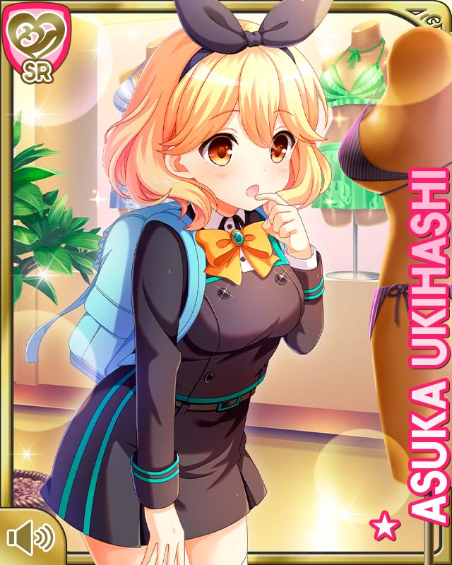 1girl :o blonde_hair bow bowtie breasts brown_eyes card_(medium) day girlfriend_(kari) grey_shirt grey_skirt hair_bow indoors medium_breasts official_art open_mouth orange_bow qp:flapper school_uniform shirt short_hair skirt solo swimsuit tagme thighhighs town ukihashi_asuka white_thighhighs