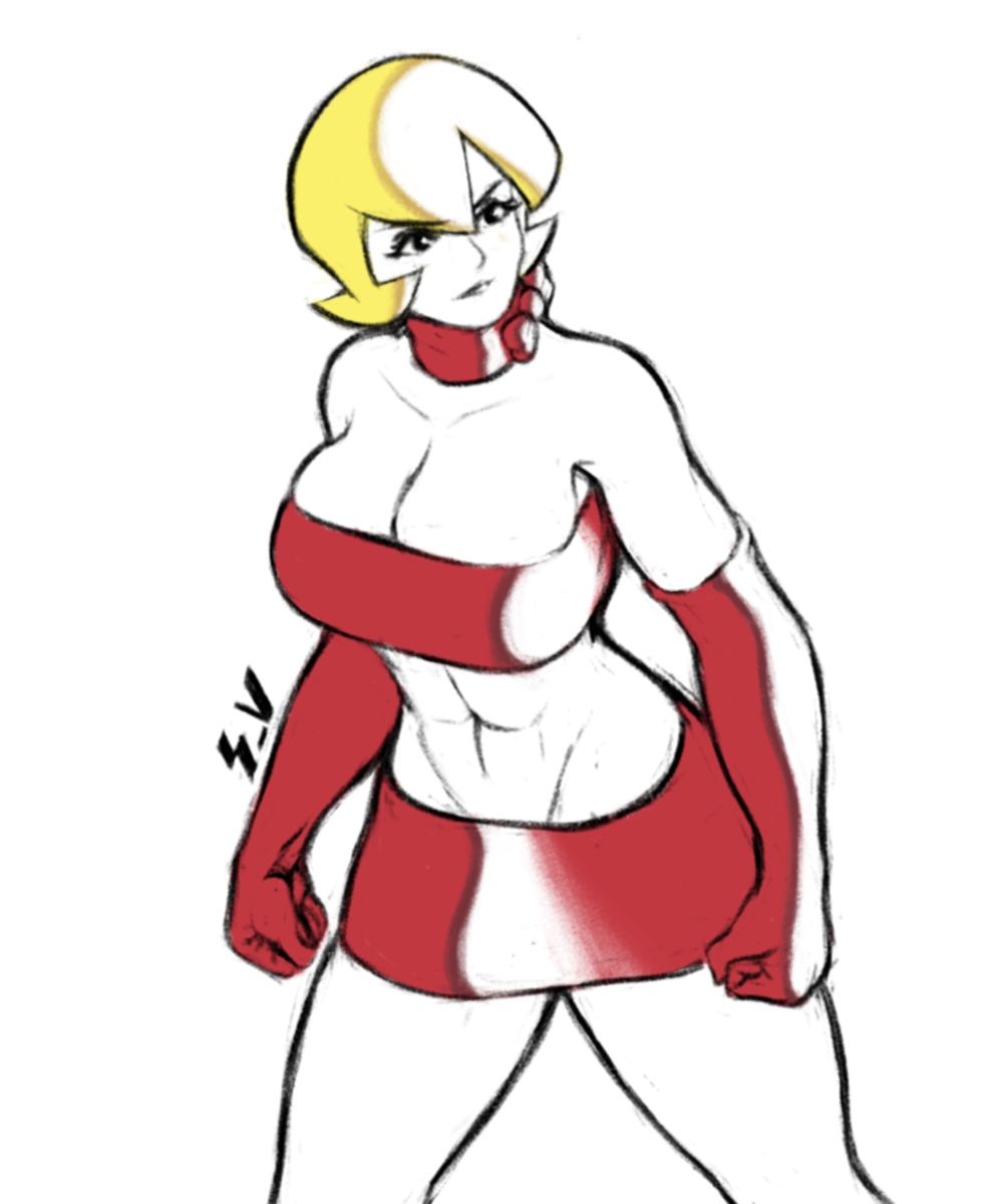1girl abs bare_shoulders blonde_hair breasts check_copyright cleavage copyright_request cowboy_shot curvy elbow_gloves gloves highres large_breasts midriff miniskirt ms._pac-man navel pac-man_(game) pencil_skirt personification red_gloves red_skirt red_tube_top short_hair simple_background skirt solo soulja_void standing strapless tube_top white_background