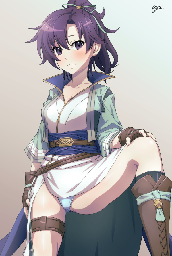 1girl blue_panties brown_gloves commission dress embarrassed fingerless_gloves fir_(fire_emblem) fir_(swordmaiden)_(fire_emblem) fire_emblem fire_emblem:_the_binding_blade fire_emblem_heroes frown gloves jacket looking_at_viewer nintendo official_alternate_costume open_clothes open_jacket panties pantyshot ponytail purple_hair skeb_commission solo three-quarter_sleeves uganda_(ugandam_00) underwear white_dress