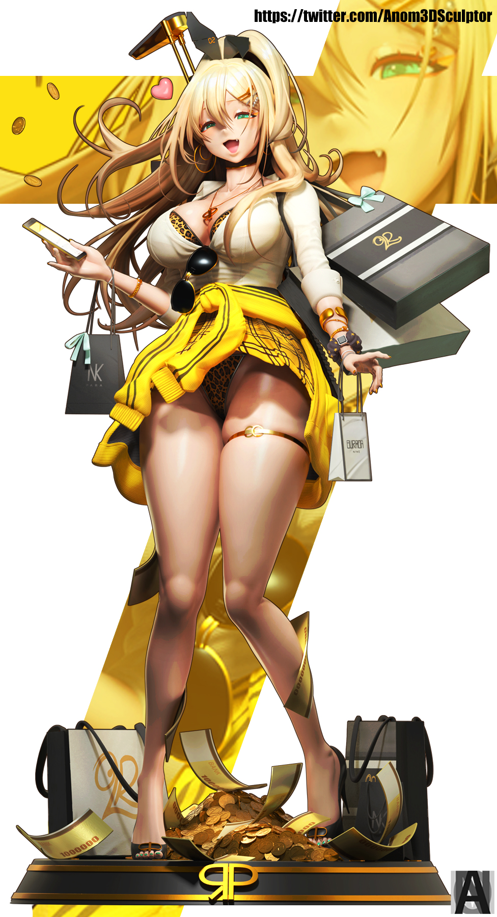 3d amesuku_gyaru animal_print anom3dsculptor bag bare_legs blender_(medium) blonde_hair bra bra_peek breasts clothes_around_waist coin eyewear_hang goddess_of_victory:_nikke gold_coin gold_nails green_eyes green_nails gyaru high_heels highres holding holding_phone jacket jacket_around_waist kogal large_breasts leopard_print long_hair open_mouth phone rupee_(nikke) shirt shopping_bag thigh_strap twitter_username underwear unworn_eyewear white_shirt zbrush_(medium)