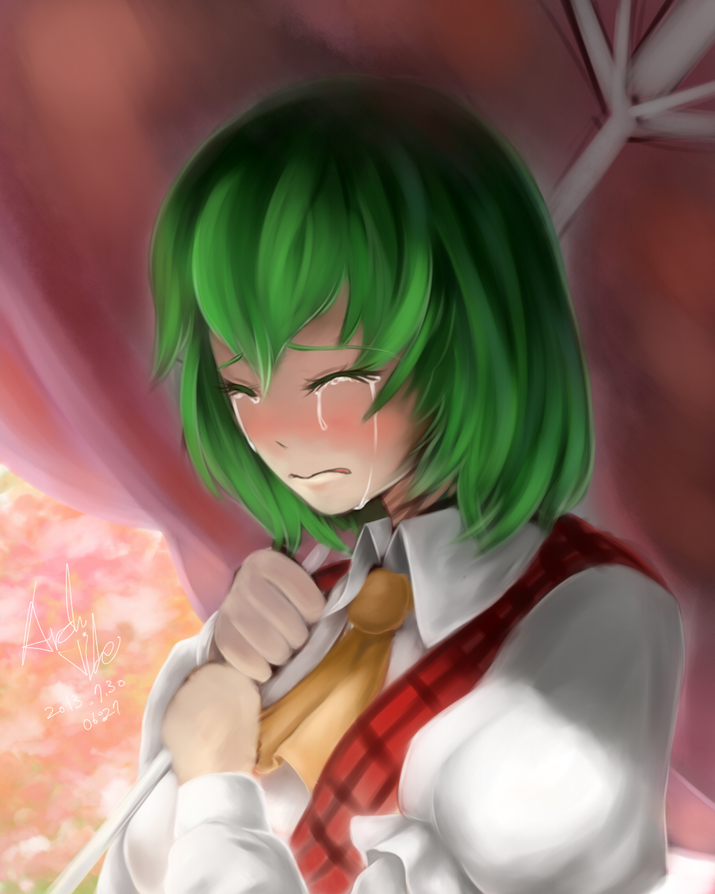 1girl arch-vile artist_name ascot bad_id bad_pixiv_id closed_eyes crying dated female_focus green_hair highres juliet_sleeves kazami_yuuka long_sleeves parted_lips pink_background plaid_clothes plaid_vest puffy_sleeves short_hair solo streaming_tears tears touhou umbrella vest