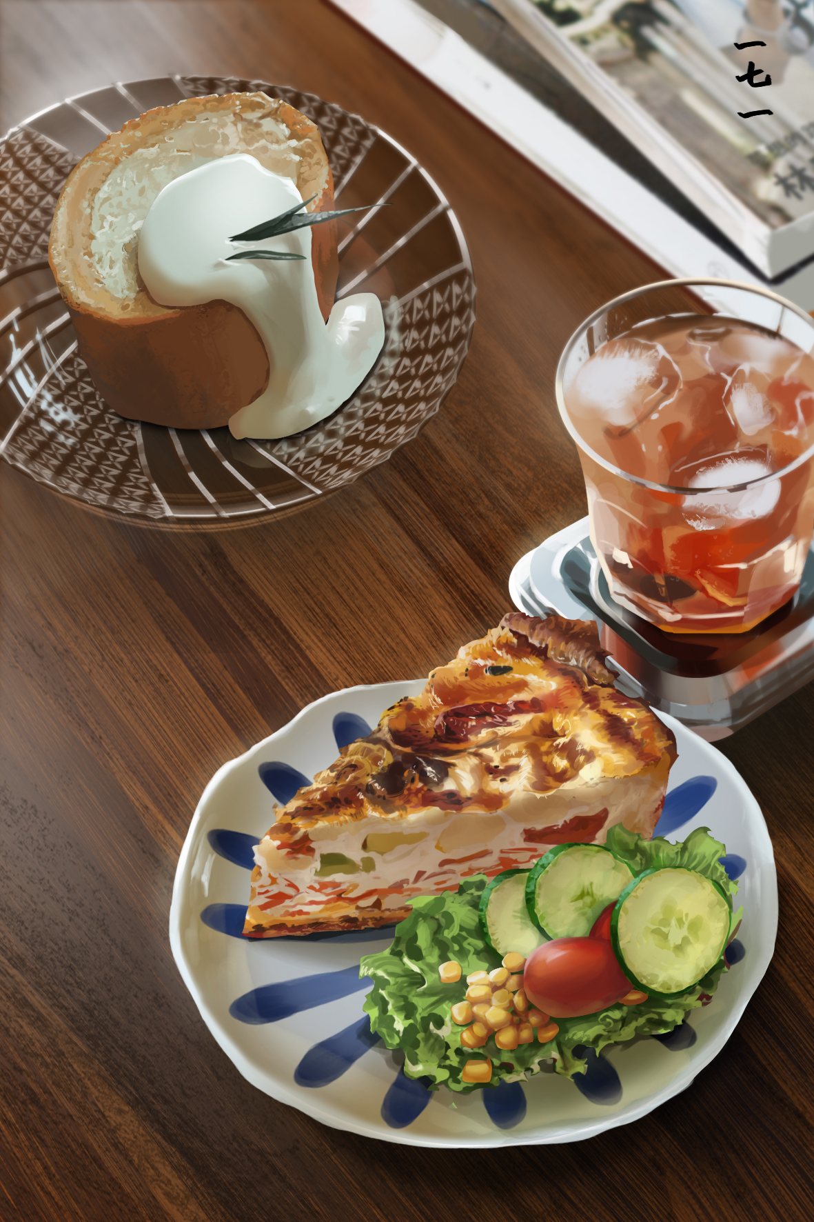 cherry_tomato corn cucumber cucumber_slice cup dessert drink food food_focus highres ice ice_cube lefty_lai lettuce no_humans original plate quiche still_life tomato