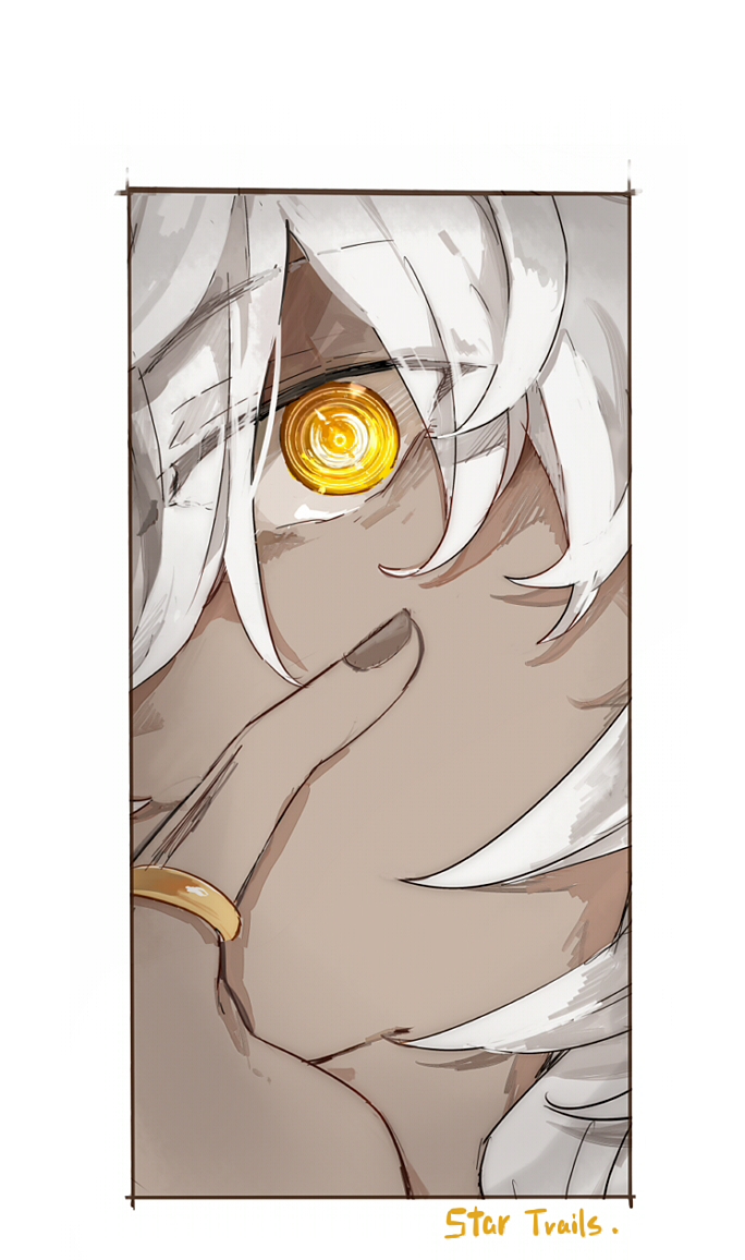 1boy border brown_nails close-up closed_mouth dark-skinned_male dark_skin english_text fate/grand_order fate_(series) hair_between_eyes hand_on_own_face jewelry long_hair looking_at_viewer male_focus nail_polish reflection ring ruoyin solo solomon_(fate) white_border white_hair yellow_eyes