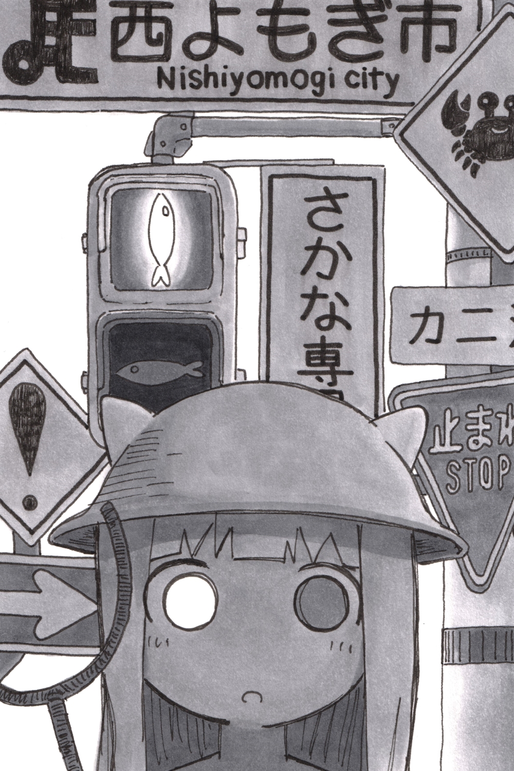 ! 1girl :o animal_ear_headwear arrow_(symbol) crab fake_animal_ears fish hat hatching_(texture) helmet heterochromia highres long_hair monochrome nimi_117 open_mouth road_sign shimeji_simulation sign simple_background solo stop_sign the_gardener_(shimeji_simulation) traffic_light white_background