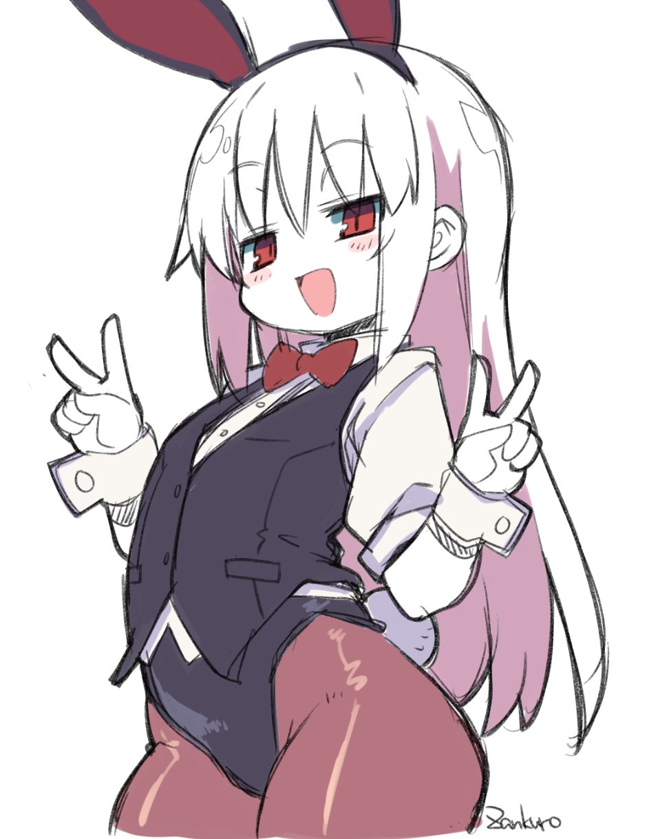 1girl :d animal_ears black_pantyhose black_vest blush bow bowtie double_v flat_chest henrietta_(zankuro) highres hostess open_mouth original pantyhose rabbit_ears rabbit_tail red_bow red_bowtie red_eyes simple_background smile tail v vest waitress white_background wrist_cuffs zankuro