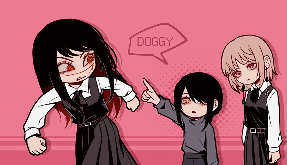 black_hair braid braided_ponytail ccjealousy chainsaw_man collared_shirt cross_scar dress ear_piercing earrings facial_scar fami_(chainsaw_man) fourth_east_high_school_uniform grey_sweater hair_between_eyes hair_over_one_eye hair_over_shoulder jewelry long_hair medium_hair mole mole_under_eye mole_under_mouth multiple_girls multiple_moles nayuta_(chainsaw_man) neck_ribbon open_mouth piercing pinafore_dress ribbon ringed_eyes scar scar_on_cheek scar_on_face scar_on_nose school_uniform shirt short_hair siblings simple_background sisters sleeveless sleeveless_dress sweater sweater_tucked_in tassel tassel_earrings white_shirt yellow_eyes yoru_(chainsaw_man)