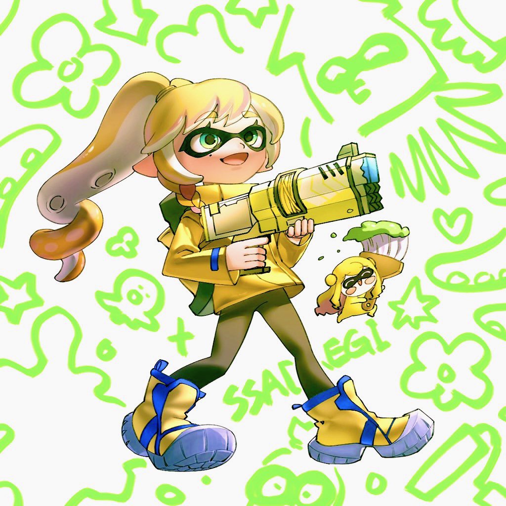 2girls alternate_species backpack bag black_pantyhose blonde_hair fusion green_eyes gun holding holding_gun holding_paintbrush holding_weapon inkling inkling_girl inkling_player_character jacket jagijang korean_commentary long_hair mini_person minigirl mole mole_under_eye multiple_girls nijisanji nijisanji_kr nintendo open_mouth paintbrush pantyhose ponytail seffyna shoes smile solo_focus splatoon_(series) tentacle_hair virtual_youtuber weapon yellow_jacket yellow_shoes