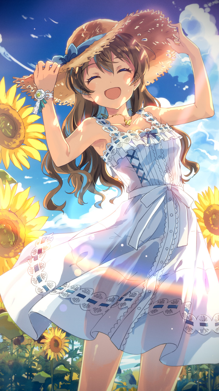 1girl armpits blue_sky brown_hair closed_eyes cloud collarbone dress field flower flower_field hat hat_ribbon highres holding holding_unworn_clothes holding_unworn_hat idolmaster idolmaster_million_live! jewelry lace lace-trimmed_dress lace_trim long_hair necklace open_mouth outdoors pure_onepiece_(idolmaster) ribbon sakuramori_kaori see-through_clothes see-through_dress sky sleeveless sleeveless_dress smile solo standing straw_hat summer sun_hat sundress sunflower sunlight unworn_hat unworn_headwear yuuki_tatsuya