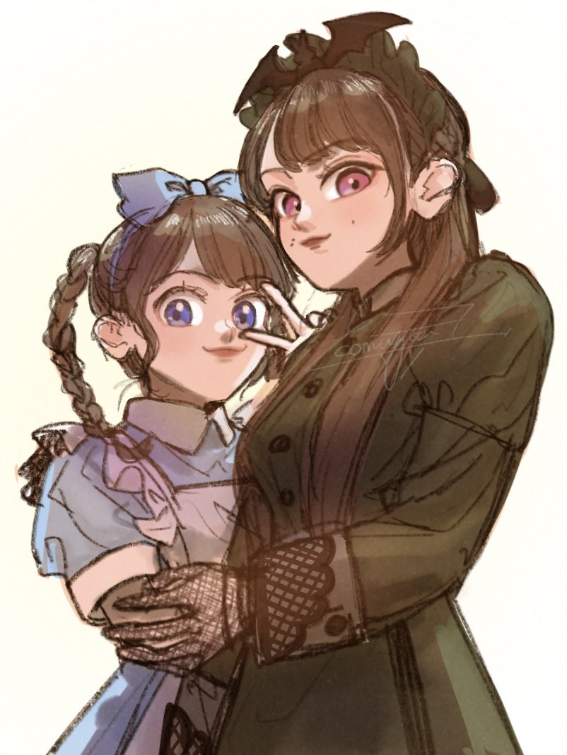 2girls alternate_hairstyle arm_at_side artist_name assault_lily black_bow black_gloves blue_bow blue_dress blue_eyes blue_hairband bow bow_hairband braid breasts brown_hair buttons closed_mouth collared_dress commentary dress frilled_dress frills fukuyama_jeanne_sachie gloves gradient_background green_dress hair_bow hair_ornament hair_over_shoulder hairband halloween_costume hand_up kishimoto_lucia_raimu komuzuka lace lace_gloves long_hair long_sleeves looking_at_viewer looking_to_the_side low_twintails medium_breasts medium_hair mole mole_above_mouth multiple_girls puffy_short_sleeves puffy_sleeves purple_eyes short_sleeves signature standing symbol-only_commentary twin_braids twintails two-tone_background two-tone_dress upper_body v v_over_eye white_background white_dress wing_hair_ornament yellow_background