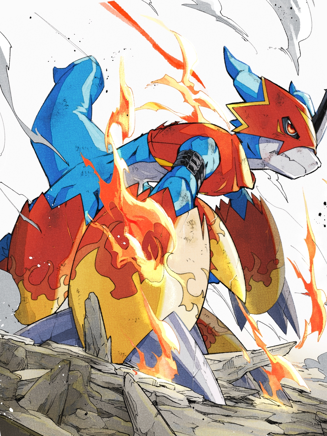 armor battle_damage blue_skin blue_tail colored_skin commentary_request digimon digimon_(creature) dragon fire fladramon full_body highres red_armor red_eyes sharp_teeth solo takeuchi_(a3) teeth white_background