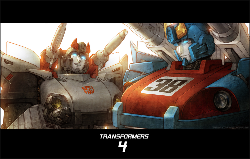 2boys autobot bluestreak_(transformers) emblem energy_gun glowing glowing_eyes insignia letterboxed mecha missile multiple_boys over_shoulder realistic robot rocket_launcher science_fiction smile smokescreen_(transformers) solid_eyes talking transformers weapon weapon_over_shoulder xiling