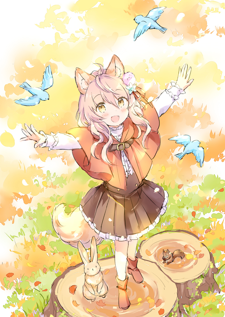 1girl :d animal animal_ears autumn_leaves bird blue_flower blush boots brown_eyes brown_skirt capelet center_frills fang flower frilled_skirt frilled_sleeves frills hair_between_eyes hair_flower hair_ornament leaf long_sleeves open_mouth original outstretched_arms pantyhose pink_flower pink_hair pleated_skirt rabbit red_boots red_capelet shirt skirt smile solo squirrel tail tree_stump wataame27 white_pantyhose white_shirt wolf-chan_(wataame27) wolf_ears wolf_girl wolf_tail