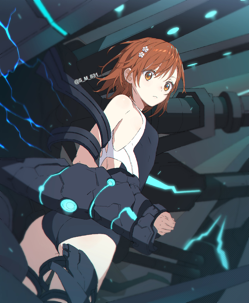1girl anti-art_attachment ass bare_shoulders black_one-piece_swimsuit bob_cut breasts brown_eyes brown_hair cannon closed_mouth commentary competition_swimsuit cowboy_shot dutch_angle electricity electrokinesis energy_cannon externally_piloted_mecha floating_hair flower from_side glowing hair_flower hair_ornament hairclip light_frown looking_at_viewer looking_to_the_side mecha mechabare messy_hair misaka_mikoto one-piece_swimsuit power_suit powered_suit_(toaru) psychic robot s_m_831 school_swimsuit science_fiction short_hair shoulder_cannon single_bare_shoulder small_breasts solo swimsuit toaru_kagaku_no_railgun toaru_majutsu_no_index toaru_majutsu_no_index:_new_testament tokiwadai_school_swimsuit two-tone_shirt weapon white_flower