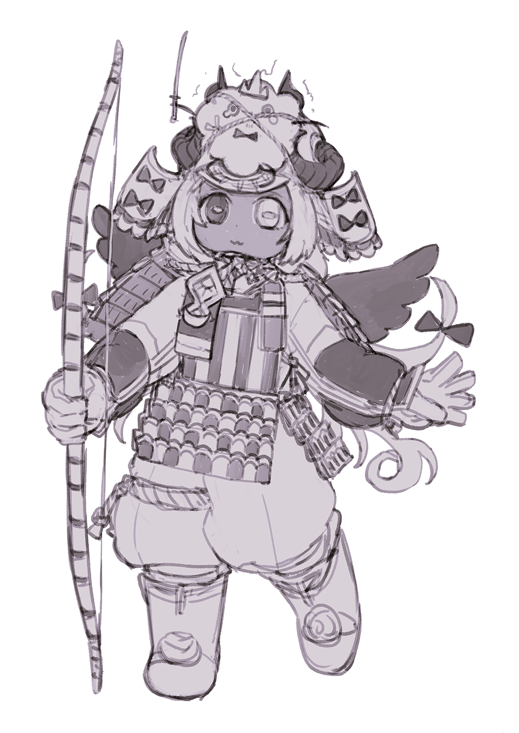 1girl :3 amaryllis_gumi armor boots bound bow_(weapon) breastplate creature_on_head dark-skinned_female dark_skin feral_lemma full_body gloves greyscale helmet heterochromia highres holding holding_bow_(weapon) holding_weapon horizontal_pupils japanese_armor kabuto_(helmet) knee_boots kusazuri long_hair long_sleeves looking_at_viewer monochrome puffy_pants shoulder_armor simple_background sode solo standing standing_on_one_leg tied_up_(nonsexual) virtual_youtuber weapon wings yotsutsuji_mayoi yumi_(bow)
