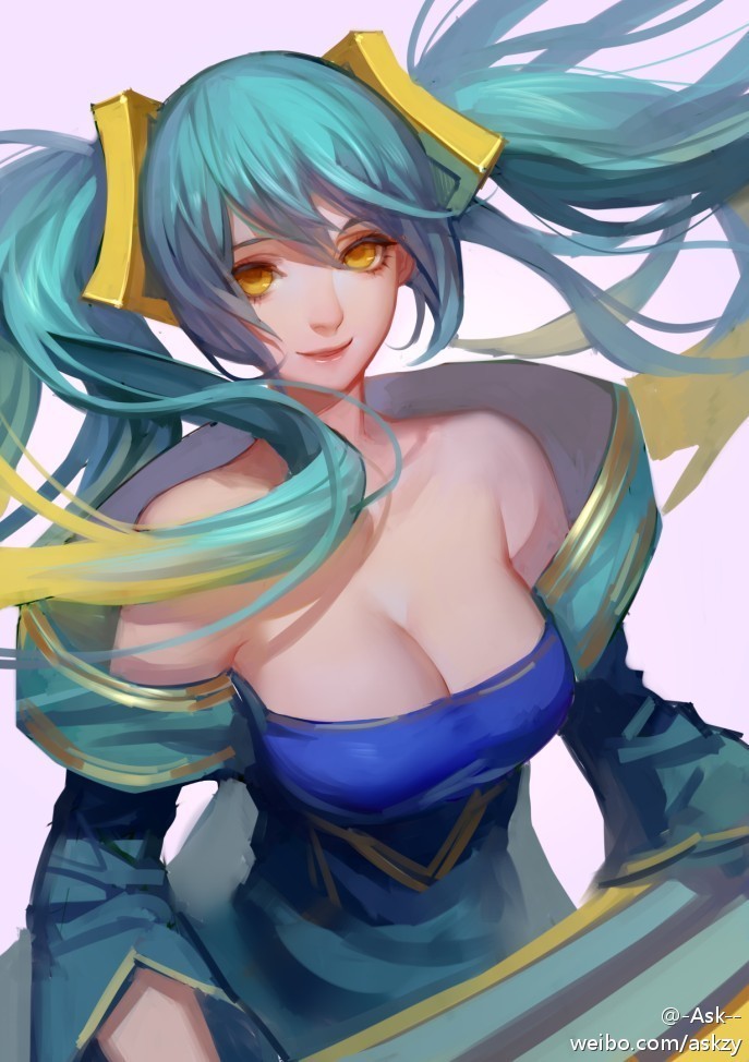 1girl ask_(askzy) bare_shoulders blue_dress breasts closed_mouth dress green_hair league_of_legends long_hair long_sleeves standing yellow_eyes