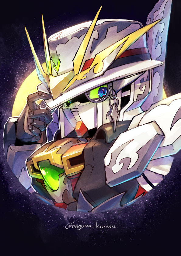 arsene_gundam_x arsene_lupin artist_name blue_eyes colored_sclera fedora green_sclera gundam gundam_x haguma_karasu hat kinako_(karasu_nomaru) looking_at_viewer mecha monocle robot science_fiction sd_gundam sd_gundam_world_heroes solo upper_body v-fin