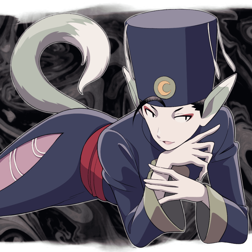 1boy ahoge black_hair breath_of_fire breath_of_fire_iv crescent eyeshadow hat looking_at_viewer makeup male_focus minashirazu open_mouth pointy_ears robe sash smile solo tail wide_sleeves yuna_(breath_of_fire)