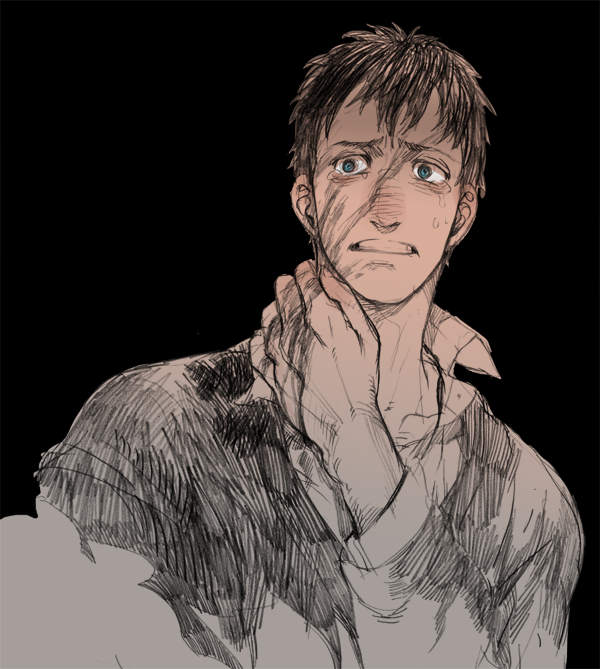 1boy bertolt_hoover black_background bleeding blood blood_on_face graphite_(medium) hand_on_own_neck injury male_focus prema-ja scared shingeki_no_kyojin short_hair solo spoilers spot_color tearing_up traditional_media upper_body