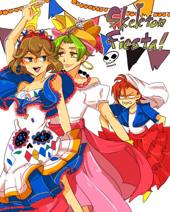 1girl 2boys animification battteen_d blue_eyes brown_hair clarice_(disney) disneyland dress eyelashes flower hair_flower hair_ornament humanization jose_carioca looking_at_viewer mexican_clothes mexican_dress mickey_mouse_&amp;_friends multiple_boys panchito_pistoles personification short_hair skirt smile the_three_caballeros upper_body