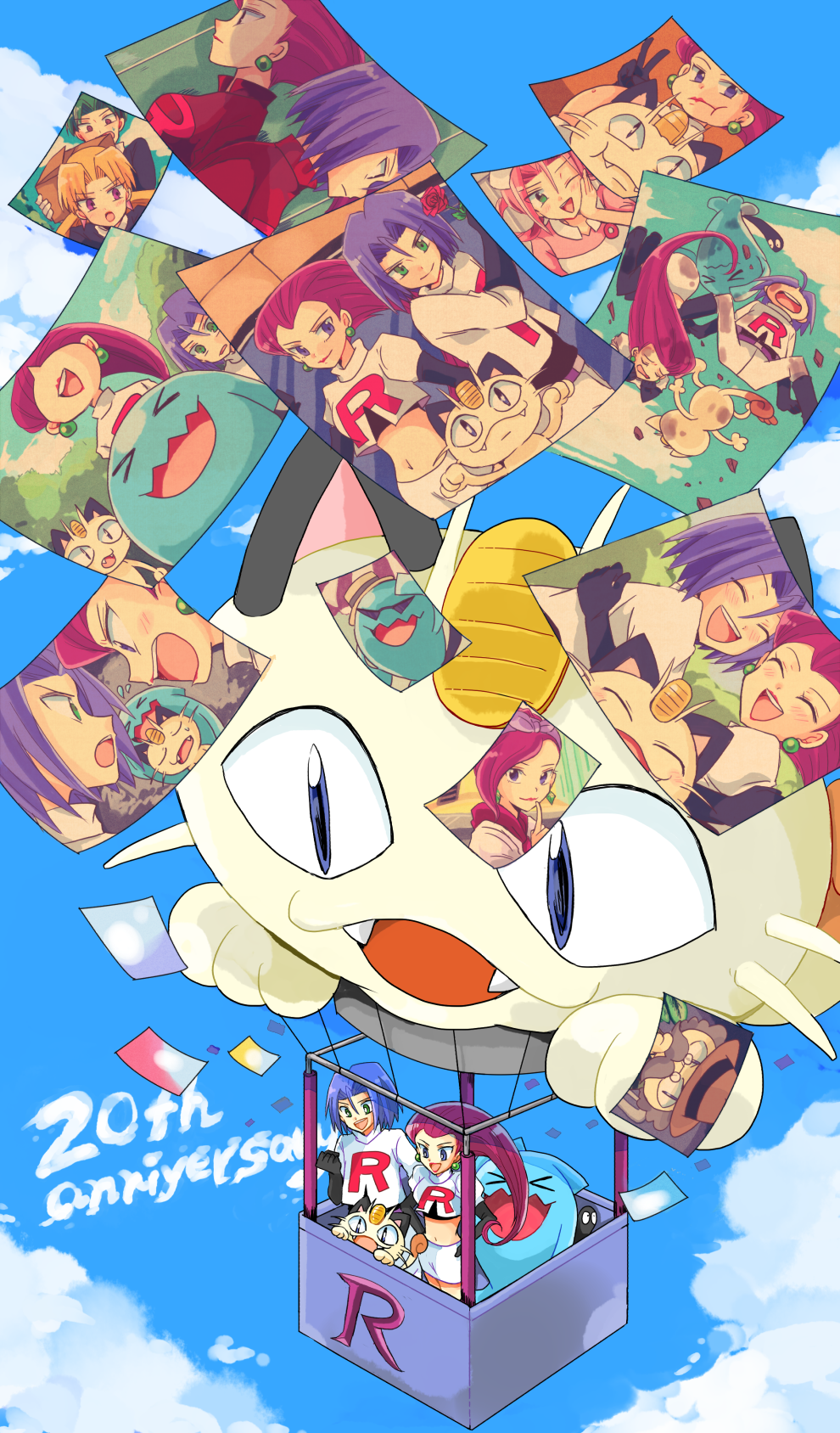 1boy 1girl above_clouds aircraft anniversary atsumi_yoshioka black_gloves black_shirt blue_hair butch_(pokemon) cassidy_(pokemon) clenched_hand cloud commentary_request confetti cropped_jacket day earrings elbow_gloves gen_1_pokemon gen_2_pokemon gloves green_eyes highres hot_air_balloon jacket james_(pokemon) jessie_(pokemon) jewelry logo long_hair looking_down meowth nintendo open_mouth outdoors photo_(object) pokemon pokemon_(anime) pokemon_(classic_anime) pokemon_(creature) pokemon_hs12 pokemon_xy101 pokemon_xy_(anime) shirt short_hair skirt smile standing team_rocket white_jacket white_skirt wobbuffet