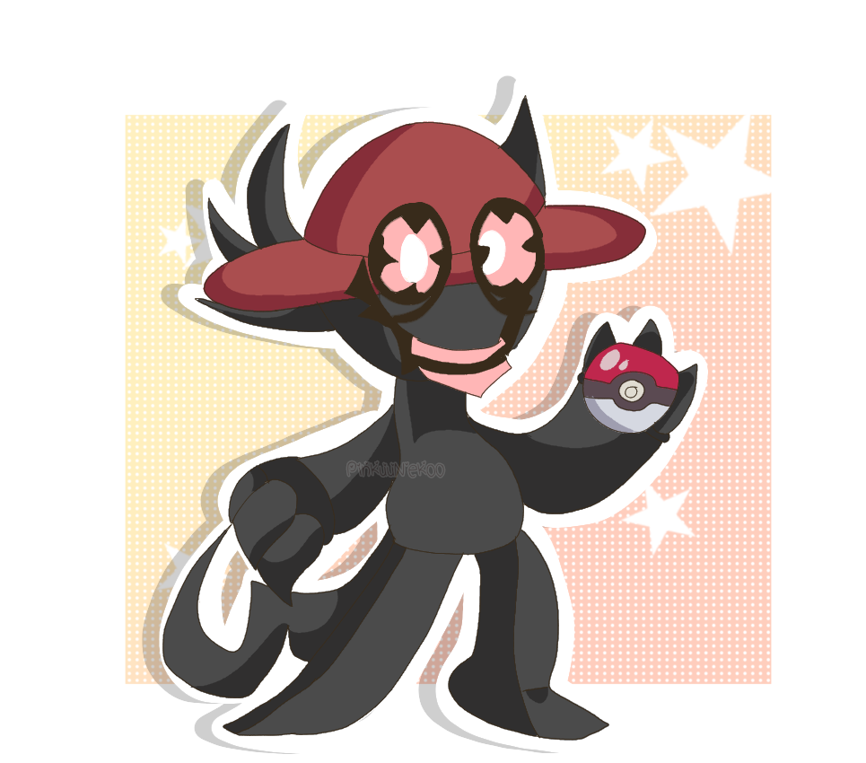 1other artist_name axolotl bright_pupils colored_skin colored_teeth crossover dale_(grantare) dave_and_bambi_mod friday_night_funkin&#039; grey_skin hat holding monster nintendo pinkuuneko0 poke_ball pokemon red_eyes red_hat red_teeth shadow smile star_(symbol) tail teeth three_fingers twitter_username white_pupils