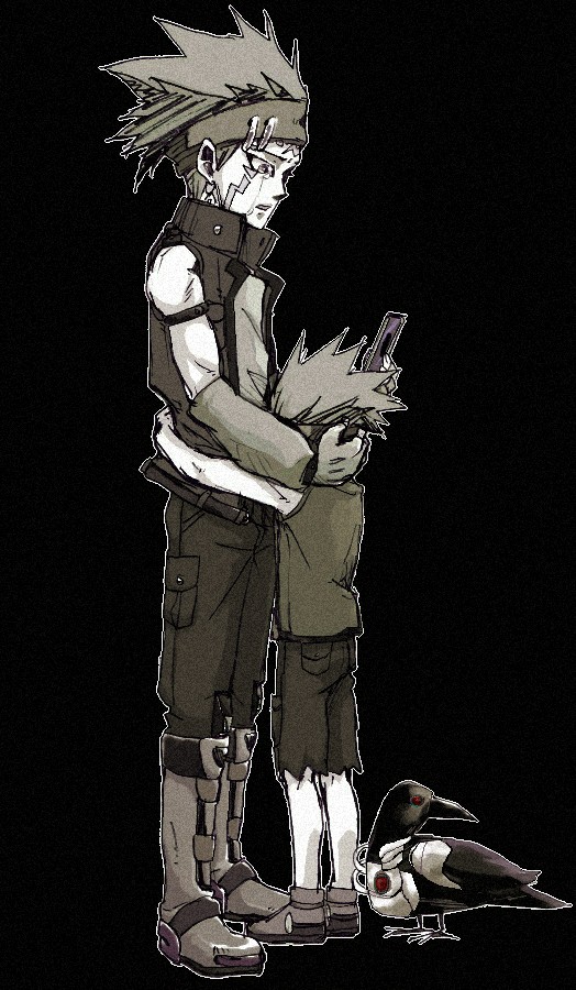 2boys aged_down aged_up arm_warmers arms_around_neck arms_around_waist bird black_background black_vest boots brown_footwear brown_shirt card cargo_pants comforting crow crow_hogan crying d.d._crow duel_monster facial_mark facing_another facing_to_the_side headband holding holding_card hug looking_at_another male_focus multiple_boys open_clothes open_vest oz_(cigarettes) pants partially_colored popped_collar shirt sleeveless sleeveless_shirt spiked_hair streaming_tears tears torn_clothes vest yu-gi-oh! yu-gi-oh!_5d&#039;s