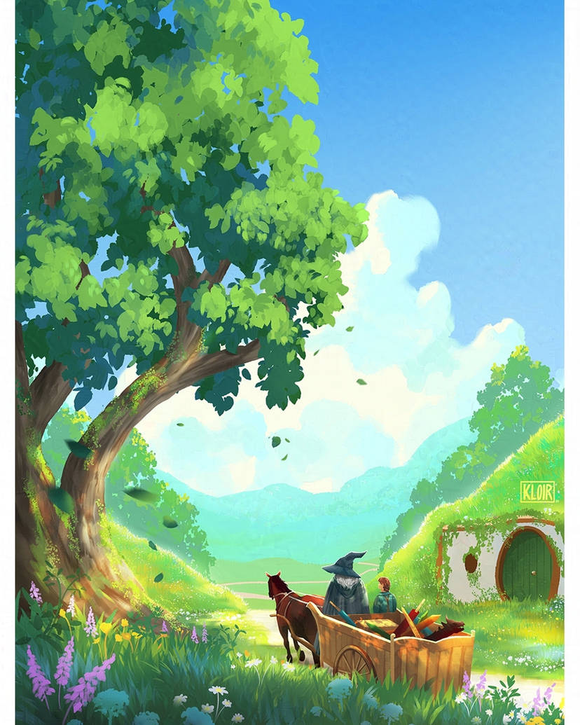 2boys blue_sky cloud commentary door flower frodo_baggins from_behind gandalf halfling hat hill horse kloir landscape multiple_boys painterly road scenery shire sky the_hobbit the_lord_of_the_rings tolkien&#039;s_legendarium tree wagon wizard wizard_hat