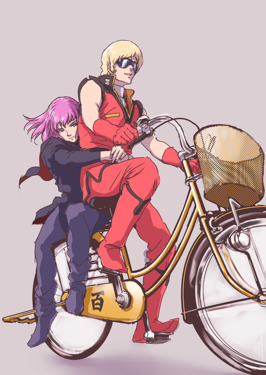 1boy 1girl bicycle blue_eyes cape char_aznable closed_mouth gundam haman_karn highres military military_uniform multiple_riders short_hair simple_background smile sunglasses teikoku_jokyoku zeta_gundam
