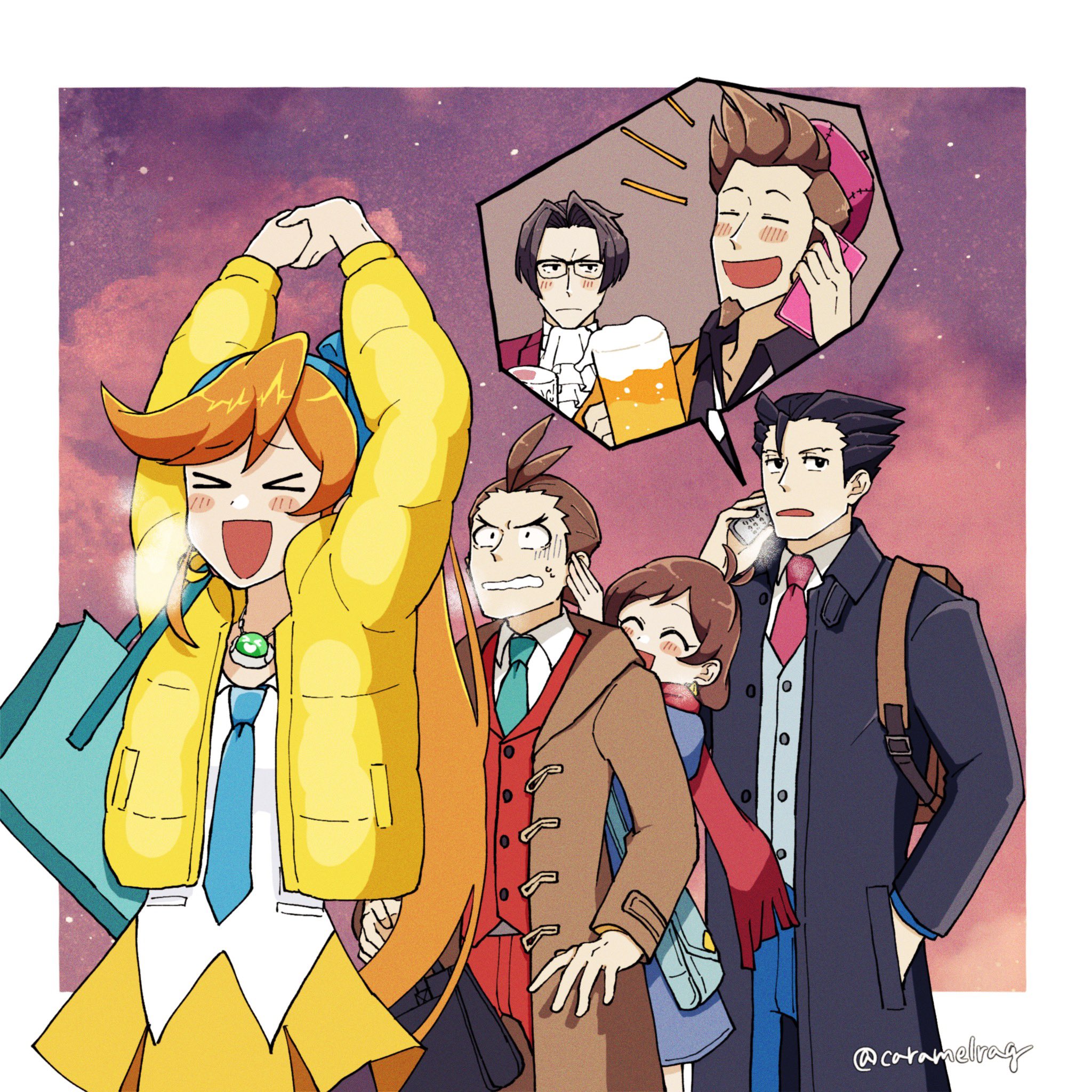 >_< 2girls 4boys :d ^_^ ace_attorney apollo_justice apollo_justice:_ace_attorney arms_up ascot athena_cykes bag beard beer_mug beret black_coat black_hair black_shirt blue_bag blue_hairband blue_necktie blue_pants blush brown_coat brown_hair caramelrag cellphone closed_eyes coat collared_shirt cup facial_hair frown glasses grey_vest hairband hat highres holding holding_bag holding_cup holding_phone jacket larry_butz long_hair miles_edgeworth mug multiple_boys multiple_girls necktie open_mouth orange_hair pants phoenix_wright phone pink_headwear red_necktie red_pants red_scarf red_vest scarf shirt short_hair skirt smile speech_bubble spiked_hair sweatdrop trucy_wright twitter_username v-shaped_eyebrows vest white_ascot white_shirt yellow_jacket yellow_skirt