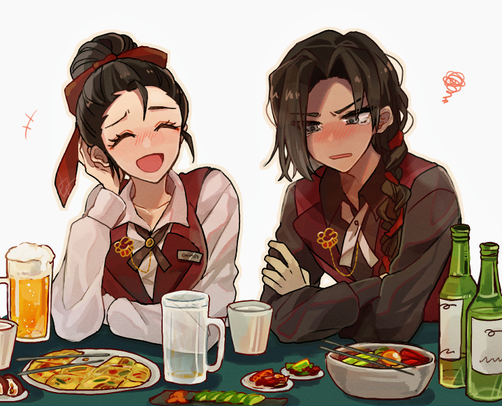 1boy 1girl aiguillette alcohol beer beer_mug blush bow bowl brooch brown_eyes chopsticks cross_tie crossed_arms cup effie_(project_moon) egg hair_bow jewelry limbus_company long_sleeves mug pajeon_(food) parted_bangs parted_lips project_moon red_bow red_vest ribbon_braid salad saude_(project_moon) shirt soju table upper_body vest white_shirt years yono_neie