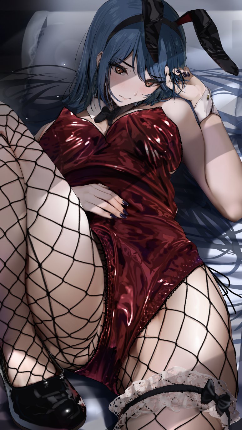 1girl animal_ears black_bow black_bowtie blue_hair blush bow bowtie breasts brown_eyes closed_mouth collar detached_collar fishnet_pantyhose fishnets high_heels highres jewelry large_breasts leotard long_hair lying nonohachi on_back original pantyhose playboy_bunny rabbit_ears red_leotard solo thighlet wrist_cuffs
