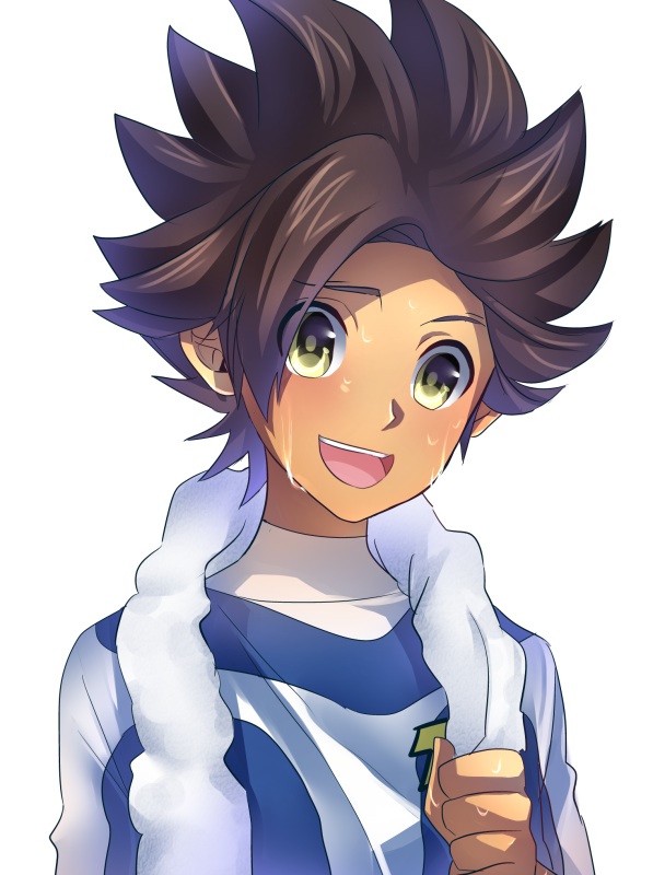 10s 1boy bad_id bad_pixiv_id brown_hair earth_eleven inazuma_eleven_(series) inazuma_eleven_go inazuma_eleven_go_galaxy maian maianh male_focus matatagi_hayato short_hair simple_background soccer_uniform solo sportswear sweat towel upper_body white_background