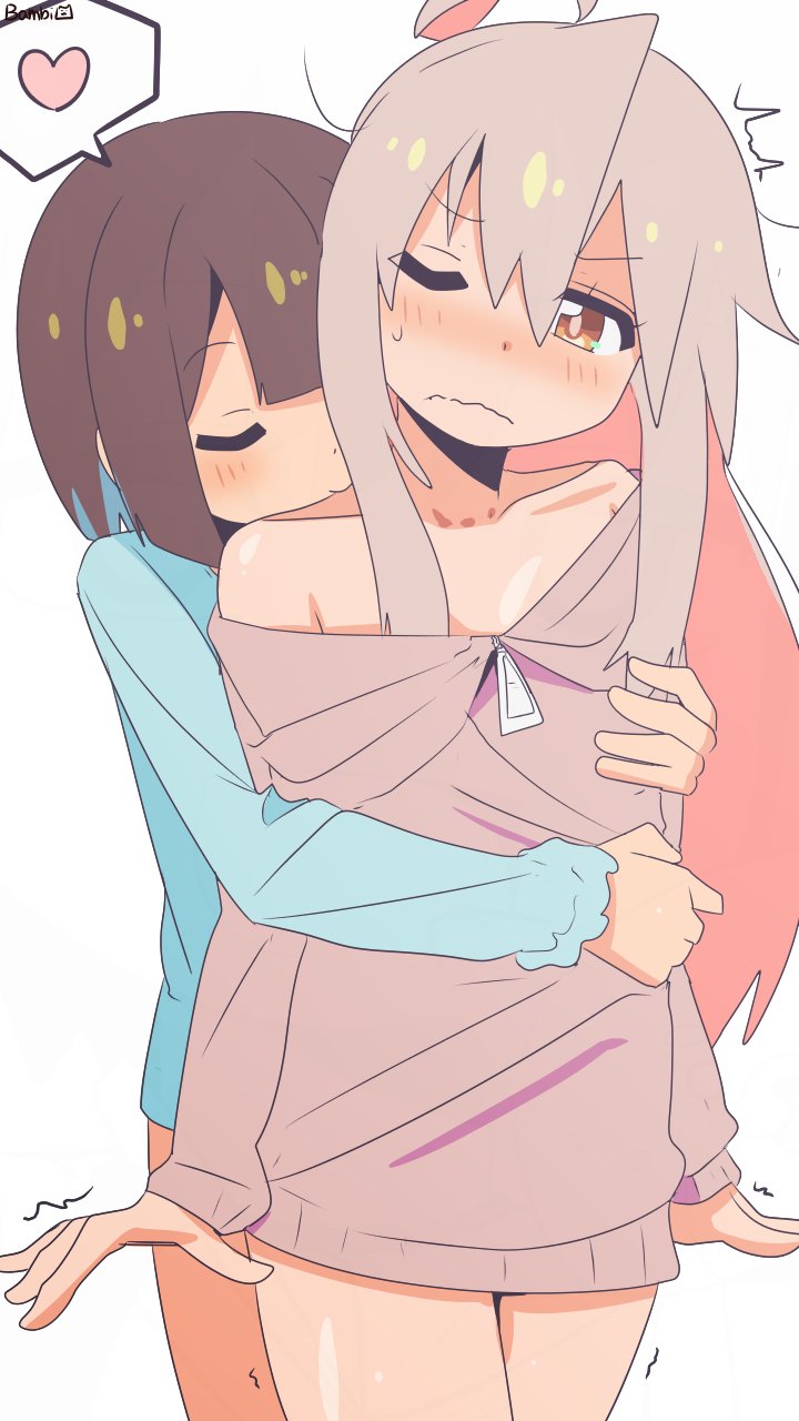 2girls ^^^ ahoge artist_name bambi2000line bare_shoulders biting blue_hair blunt_bangs blush brown_hair closed_eyes collarbone colored_inner_hair commentary cowboy_shot frown grey_hair hair_between_eyes heart highres hozuki_momiji hug hug_from_behind long_hair long_sleeves multicolored_hair multiple_girls neck_biting no_pants nose_blush off_shoulder one_eye_closed onii-chan_wa_oshimai! oyama_mahiro pink_hair short_hair simple_background spoken_heart two-tone_hair wavy_mouth white_background wince yuri zipper_pull_tab