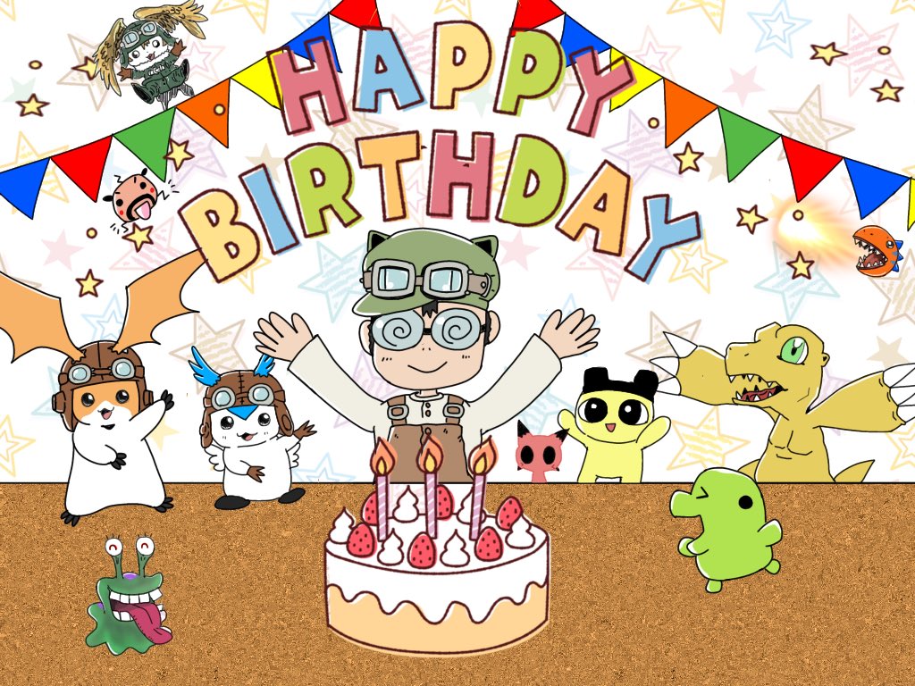 agumon cake digimon digimon_(creature) food fruit goggles goggles_on_head happy_birthday hat legendz numemon open_mouth shiron_(legendz) strawberry tamagotchi tongue tongue_out watanabe_kenji_(person) wings