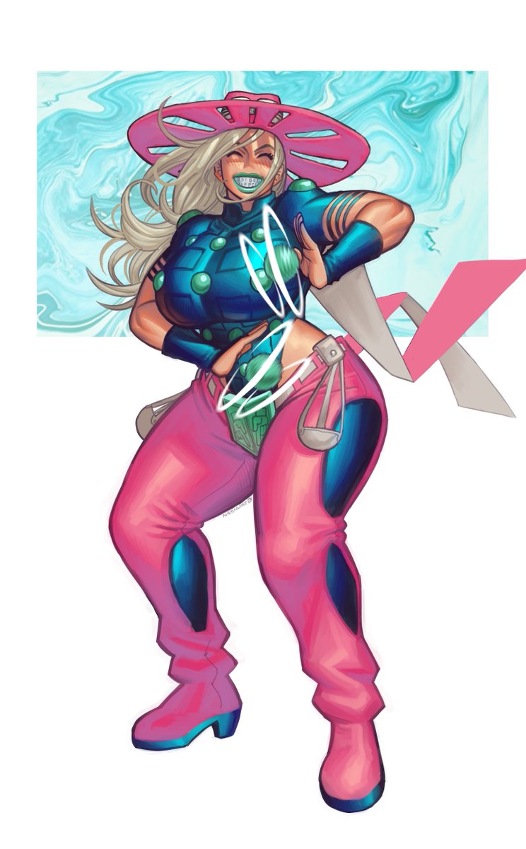 1girl blonde_hair blue_lips crop_top genderswap genderswap_(mtf) grills gyro_zeppeli hat highres jojo_no_kimyou_na_bouken long_hair namnums pants steel_ball_run