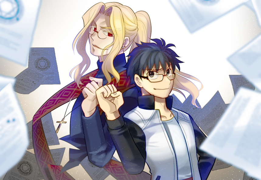2boys 2girls akariya_kuubu black_hair blonde_hair confused cross cross_necklace fist_bump glasses hand_in_pocket jacket jewelry long_hair looking_at_another michael_roa_valdamjong michael_roa_valdamjong_(human) multiple_boys multiple_girls necklace pages ponytail priest red_eyes shirt smile tohno_shiki tsukihime tsukihime_(remake) upper_body white_shirt