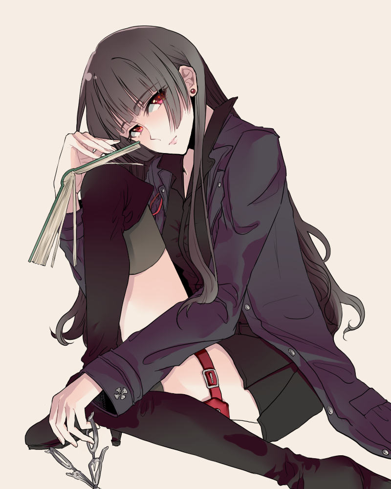 10s 1girl black_hair book boots breasts coat earrings inu_to_hasami_wa_tsukaiyou jewelry lips long_hair natsuno_kirihime pink_background red_eyes scissors simple_background skirt thigh_boots thighhighs
