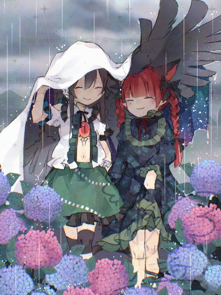 2girls :3 ^_^ animal_ears arm_up black_bow black_hair black_ribbon black_thighhighs black_wings blunt_bangs bow braid cape cat_ears cat_girl center_frills closed_eyes closed_mouth cloud collared_shirt commentary_request double-parted_bangs dress extra_ears flower frills green_dress green_skirt hair_between_eyes hair_bow hydrangea improvised_umbrella kaenbyou_rin leg_ribbon long_hair multiple_girls navel neck_ribbon open_clothes open_shirt outdoors overcast pink_flower pointy_ears puffy_short_sleeves puffy_sleeves purple_flower red_hair red_ribbon reiuji_utsuho ribbon shielding shirt short_sleeves signature skirt sky smile starry_sky_print thighhighs third_eye touhou toutenkou twin_braids twitter_username two-sided_cape two-sided_fabric umbrella very_long_hair watermark white_cape white_shirt wings