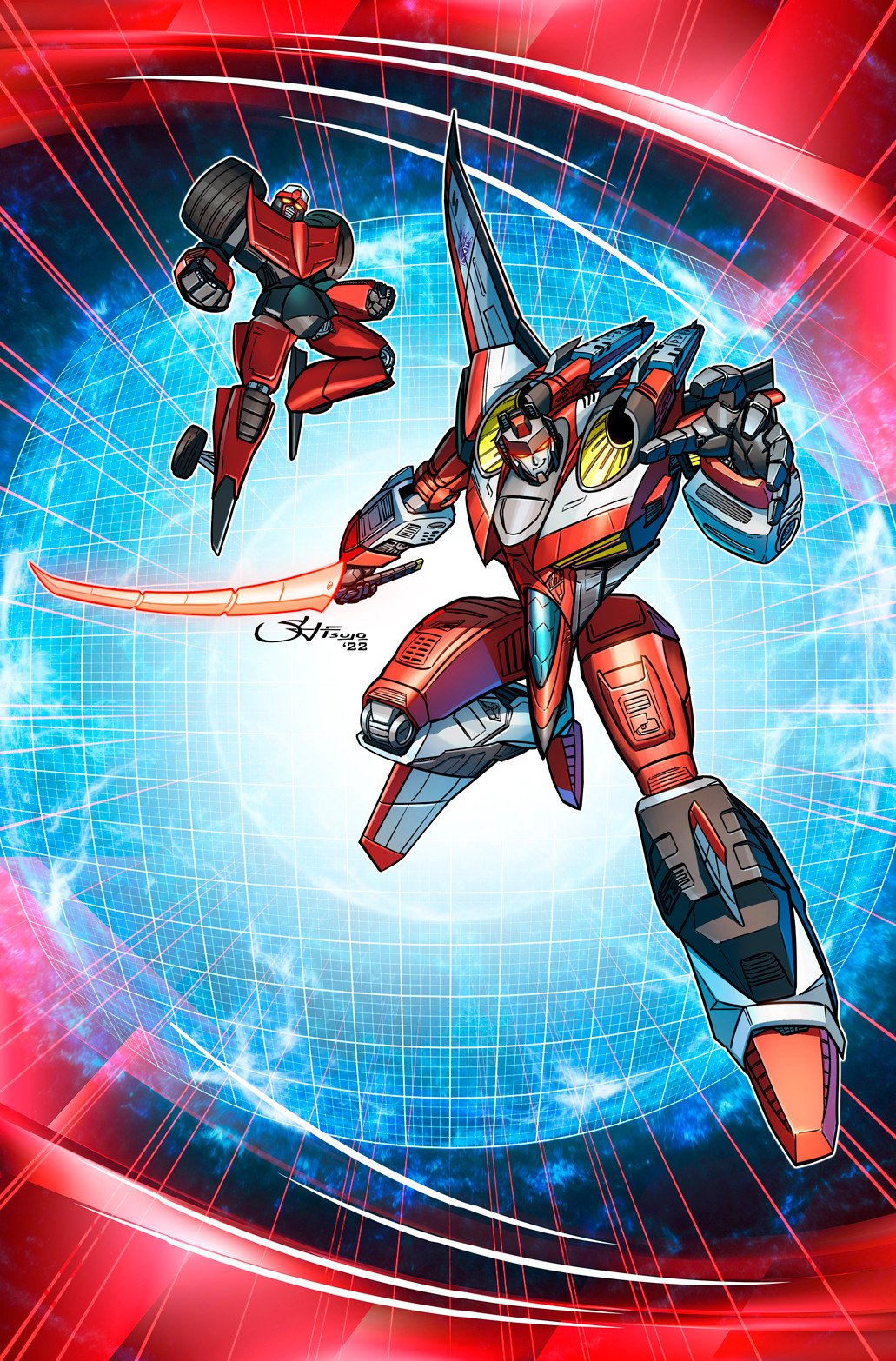2022 artist_name clenched_hands decepticon flying glowing glowing_eyes head_tilt highres holding holding_sword holding_weapon jetstormsifuentes looking_at_viewer mecha open_hand orange_eyes red_eyes robot shoulder_cannon smile starscream swindle_(transformers) sword transformers transformers_armada transformers_unicron_trilogy weapon western_comics_(style)