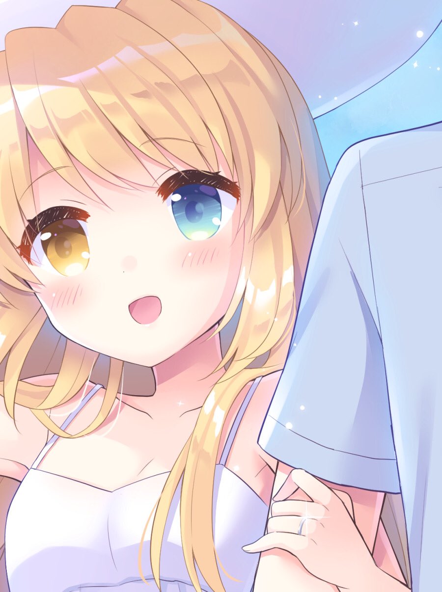 1girl 1other :d alternate_costume alternate_hairstyle arm_hug blue_background blue_eyes blush breasts cleavage close-up collarbone commentary_request dress glint hair_between_eyes hair_down hair_over_shoulder happy hat heterochromia highres hoshimame_mana jewelry long_hair looking_at_viewer nakatsu_shizuru open_mouth rewrite ring simple_background sleeveless sleeveless_dress small_breasts smile solo_focus sundress wedding_ring white_dress white_headwear yellow_eyes