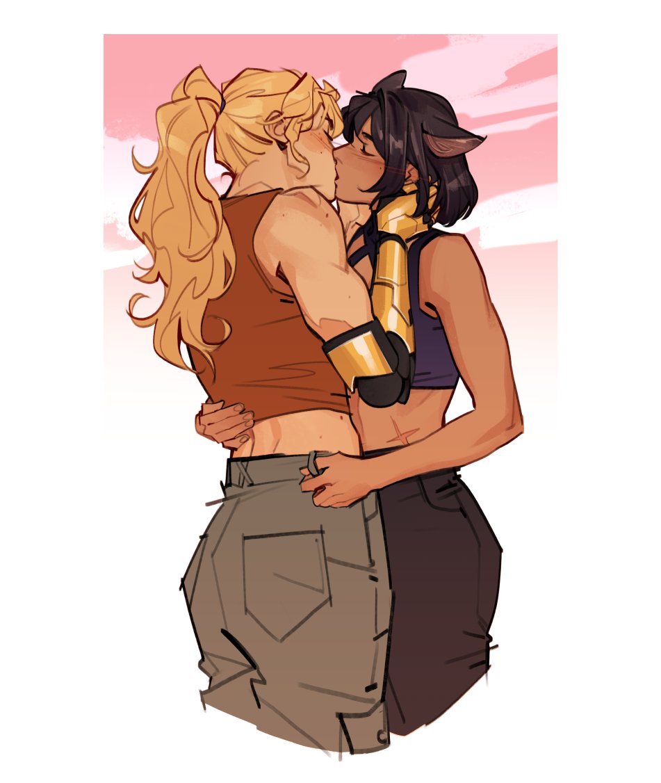 2girls animal_ears black_hair blake_belladonna blonde_hair blush brown_pants cat_ears closed_eyes commentary dusk freckles grey_pants hand_on_another&#039;s_waist kiss lesly_oh long_hair multiple_girls muscular muscular_female outdoors pants ponytail purple_sports_bra red_tank_top rwby scar scar_on_stomach sports_bra symbol-only_commentary tank_top white_background yang_xiao_long yuri