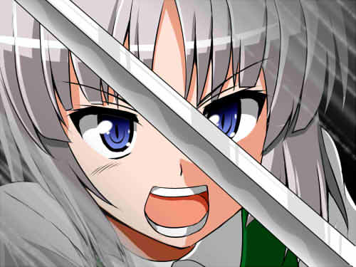 &gt;:o :o blue_eyes honda_takaharu jpeg_artifacts katana konpaku_youmu lowres open_mouth parody portrait short_hair silver_hair solo star_ocean star_ocean_ex star_ocean_the_second_story sword touhou v-shaped_eyebrows weapon